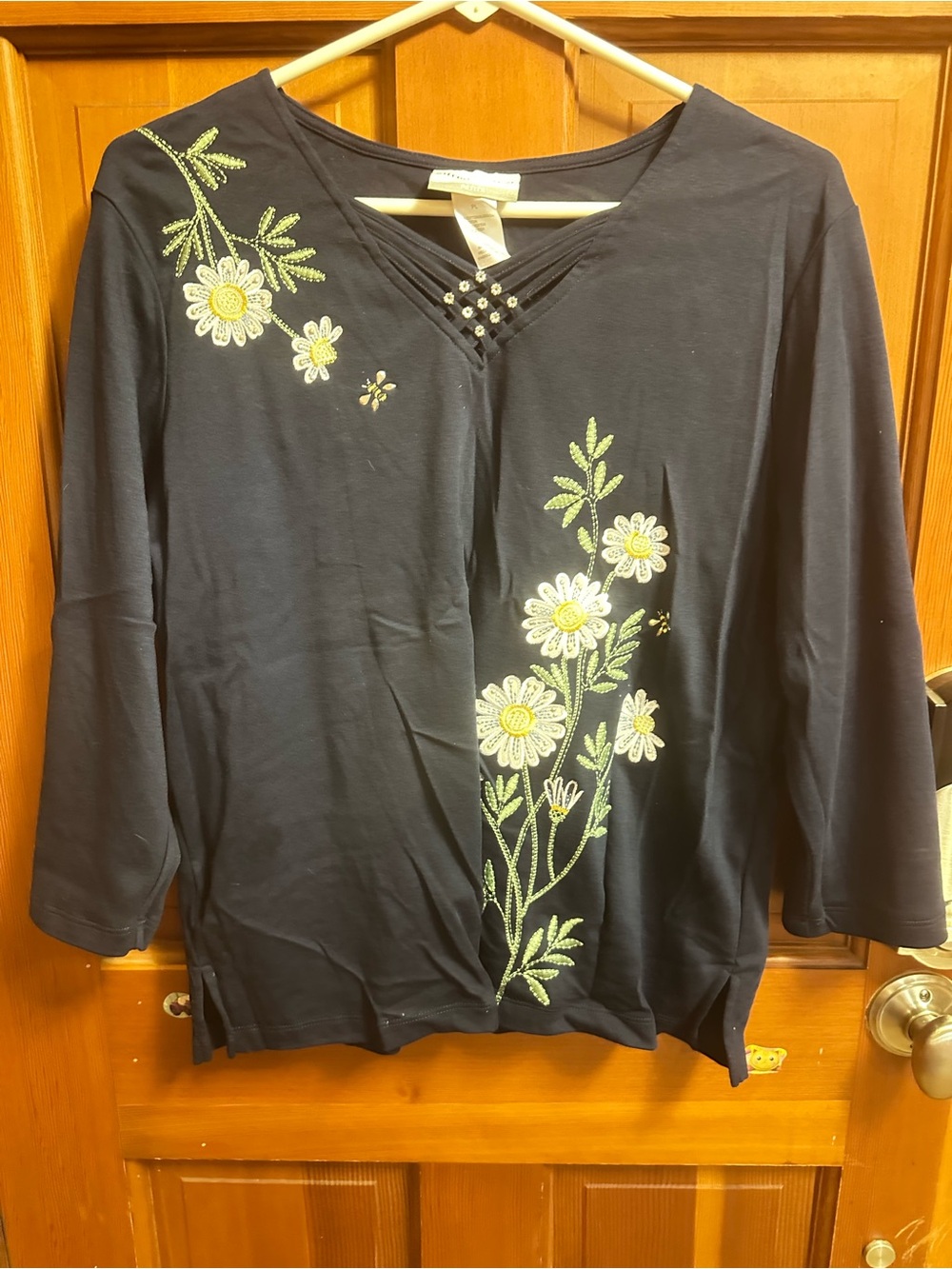 Alfred Dunner Navy Long-Sleeve V-Neck Top with White & Yellow Floral Embroidery
